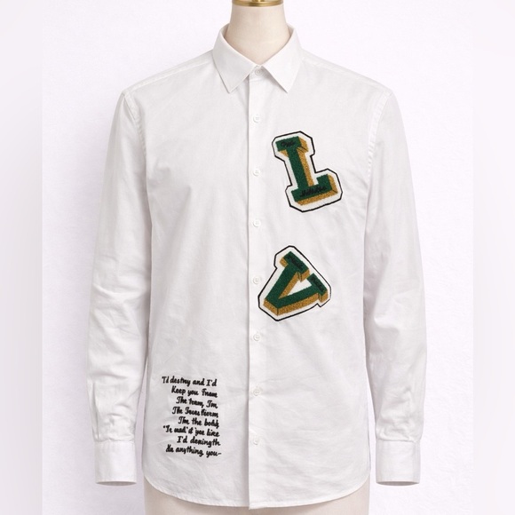 Othr Other - Othr White Button-Down Shirt with Green & Gold Letter Patches